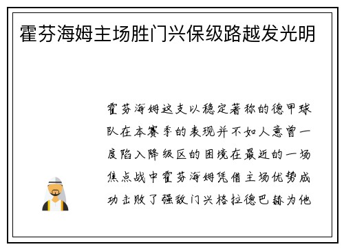 霍芬海姆主场胜门兴保级路越发光明